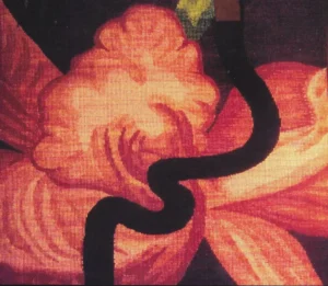 A detailed image of a pink orchid with a prominent black stem against a vibrant background.