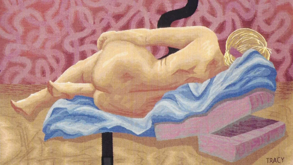 Artistic depiction of a reclining nude figure on a blue and pink striped towel, with a black line obscuring details, set against a red patterned backdrop.