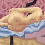 Artistic depiction of a reclining nude figure on a blue and pink striped towel, with a black line obscuring details, set against a red patterned backdrop.