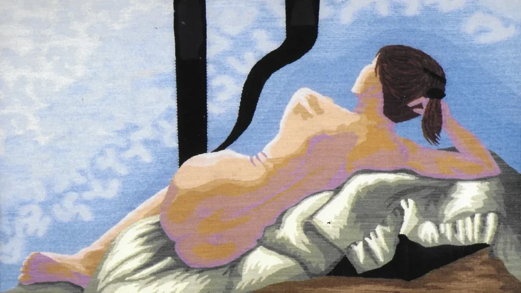 A stylized representation of a nude figure with a ponytail, seated and leaning forward, divided by a black vertical line against a blue sky with clouds.