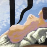 A stylized representation of a nude figure with a ponytail, seated and leaning forward, divided by a black vertical line against a blue sky with clouds.