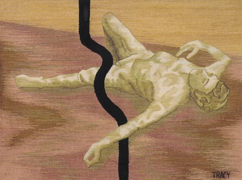 A tapestry showing a pale, reclining nude figure with a black line across the torso, set against a tan background.