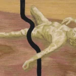 A tapestry showing a pale, reclining nude figure with a black line across the torso, set against a tan background.