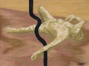 A tapestry showing a pale, reclining nude figure with a black line across the torso, set against a tan background.