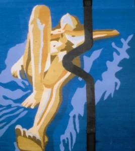 An abstract depiction of a nude figure with elongated limbs entwined with a thick black line, set against a blue and purple aquatic background.