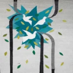 A modern textile design featuring white doves among blue and green foliage, intersected by black vertical lines.