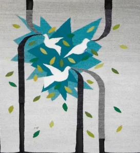 A modern textile design featuring white doves among blue and green foliage, intersected by black vertical lines.