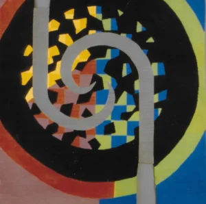 A colorful mosaic pattern with a prominent black ring on a checkerboard, featuring vivid orange and blue tones.