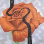 A textile artwork showcasing a large orange rose with a looping black line in the center, against a gray and blue cloudy sky.