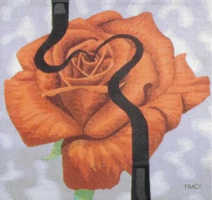 A textile artwork showcasing a large orange rose with a looping black line in the center, against a gray and blue cloudy sky.