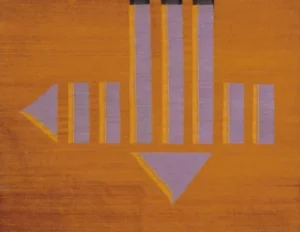 A graphic tapestry piece with purple geometric arrows and stripes beside a black vertical line, on an orange background.