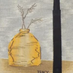 Simplistic design of a yellow jug with wheat shoots, split by a stark black line on a textured gray background.