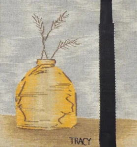 Simplistic design of a yellow jug with wheat shoots, split by a stark black line on a textured gray background.